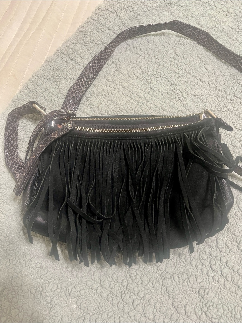 B. Makowsky Leather Black Fringe Crossbody Bag - Stylish Leather & Suede Bag - Picture 5 of 14